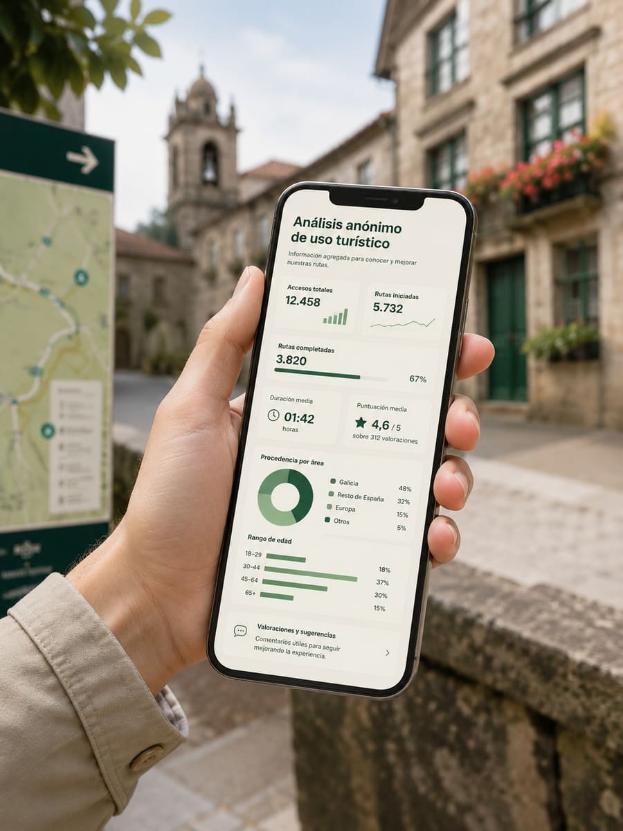 Un móvil mostrando el informe de uso: accesos totales, rutas iniciadas y completadas, duración media, puntuación, procedencia por área y rangos de edad.